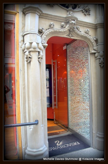 A door studded with Swarovski Crystals in the main city area in Budapest, Hungary.