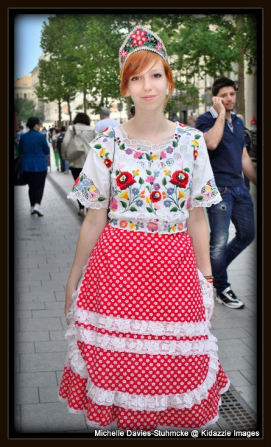 Pretty girl in traditional Hungarian costume in Budapest.